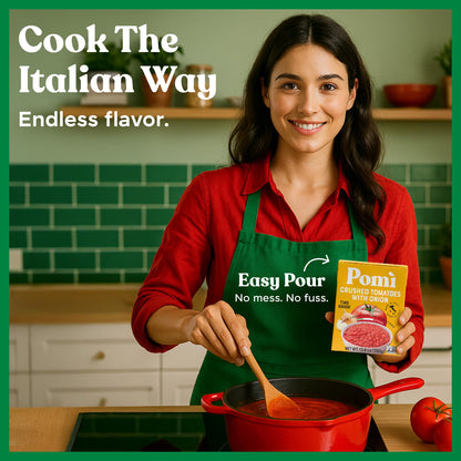 Pomì Crushed Tomatoes with Onion 13.8oz (Pack of 12) - Creamy, Velvety Italian Tomato Sauce No Salt Added, No Additives or Preservatives - BPA free Tomato Crushed - Made from 100% Fresh Italian Tomatoes