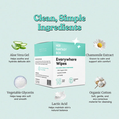Her Fantasy Box | Everywhere Wipes – 100% Organic Cotton, Gentle & Refreshing, pH-Balanced, Fragrance-Free, Plant-Powered for Body, Face & Intimate Areas, Ideal for Sensitive Skin - 1 Pack, 15 Wipes