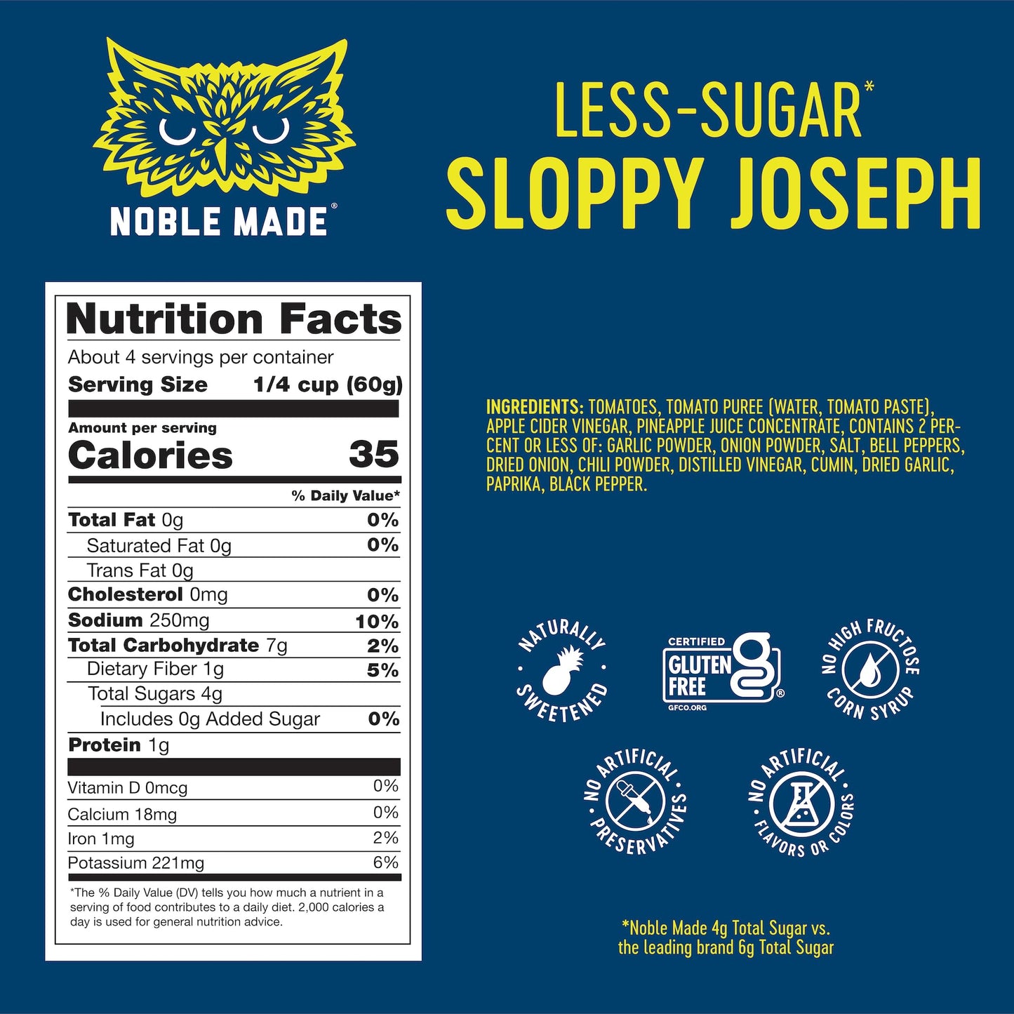 Noble Made Less-Sugar Sloppy Joseph Skillet Sauce, 8.5 oz Jar, Gluten Free, Low Sugar, Paleo Friendly, Naturally Sweetened, Easy Dinner, Family Friendly, Just Add Ground Beef or Ground Turkey