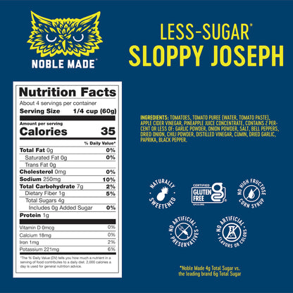 Noble Made Less-Sugar Sloppy Joseph Skillet Sauce, 8.5 oz Jar, Gluten Free, Low Sugar, Paleo Friendly, Naturally Sweetened, Easy Dinner, Family Friendly, Just Add Ground Beef or Ground Turkey