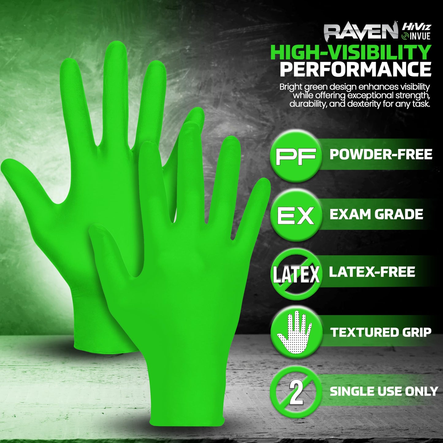 SAS Safety 66552 Derma-VUE Powder-Free Exam Grade 6 Mil Nitrile Gloves, Large, Neon Green, 100 Count (Pack of 1)