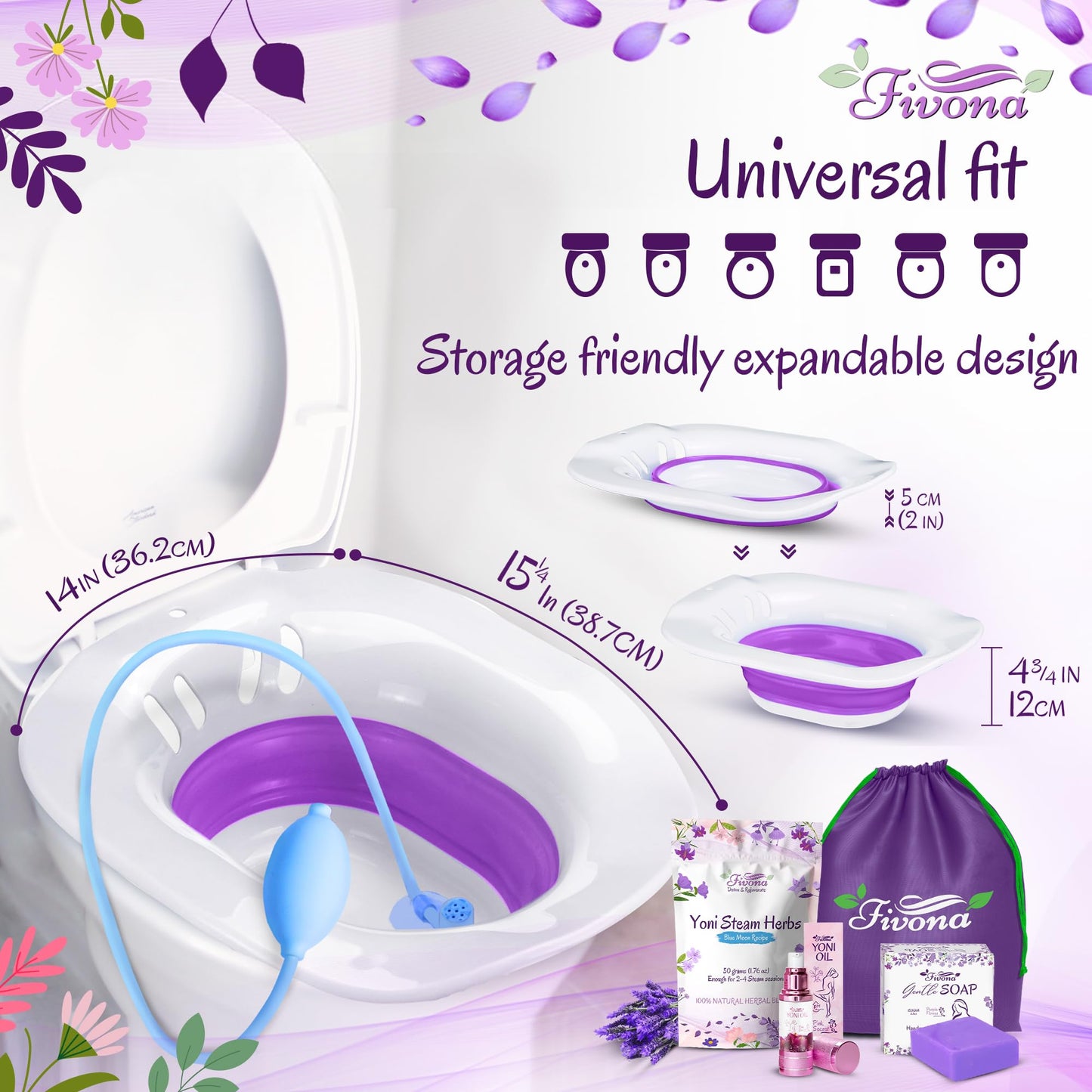 FIVONA Yoni Care Kit 6 in 1 - pH Balanced Natural Yoni Oil, Herbal Soap Bar for Feminine Wash, Detox V Steam Herbs Blue Moon, Foldable Sitz Bath Steam Pot, Hand Flusher and Drawstring Storage Bag