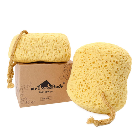 myHomeBody Bath Sponge, Foam Loofah, Body Scrubber for Bathing, Exfoliating Shower Pouf for Shower – Large Size, Lots of Lather, Curvy, 2 Pack