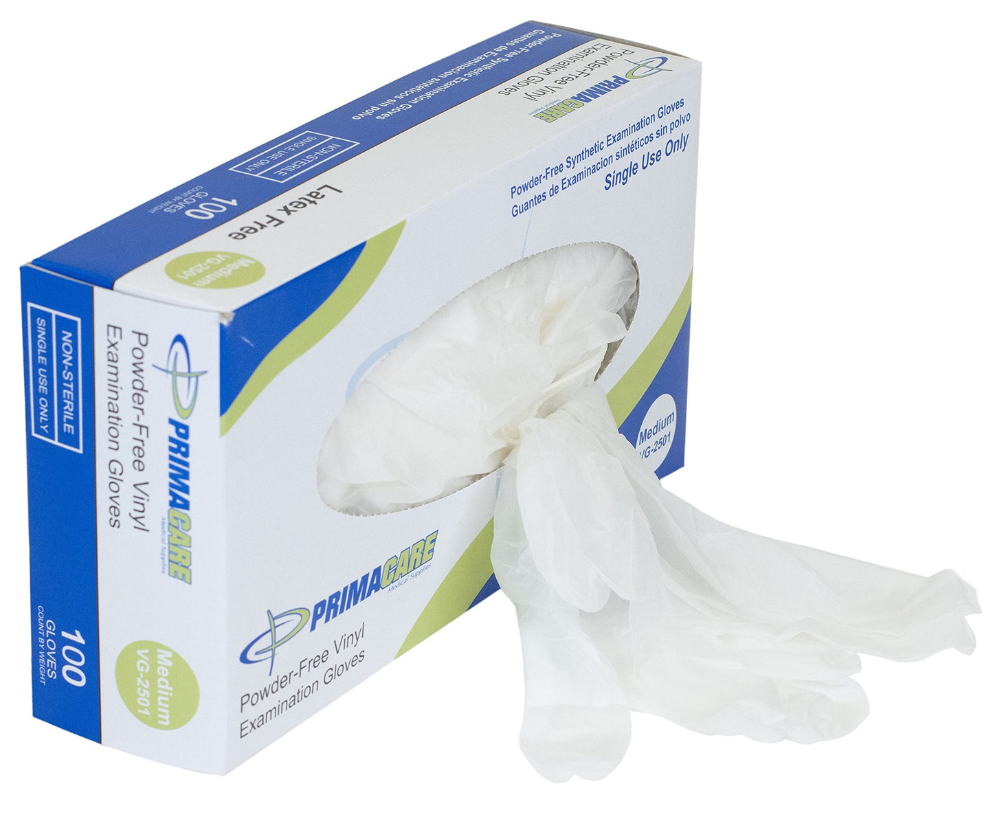 PrimaCare Medical Supplies VG-2501 Case of 100 Medium Size Medical Vinyl Examination Gloves Disposable, Latex and Powder Free Gloves