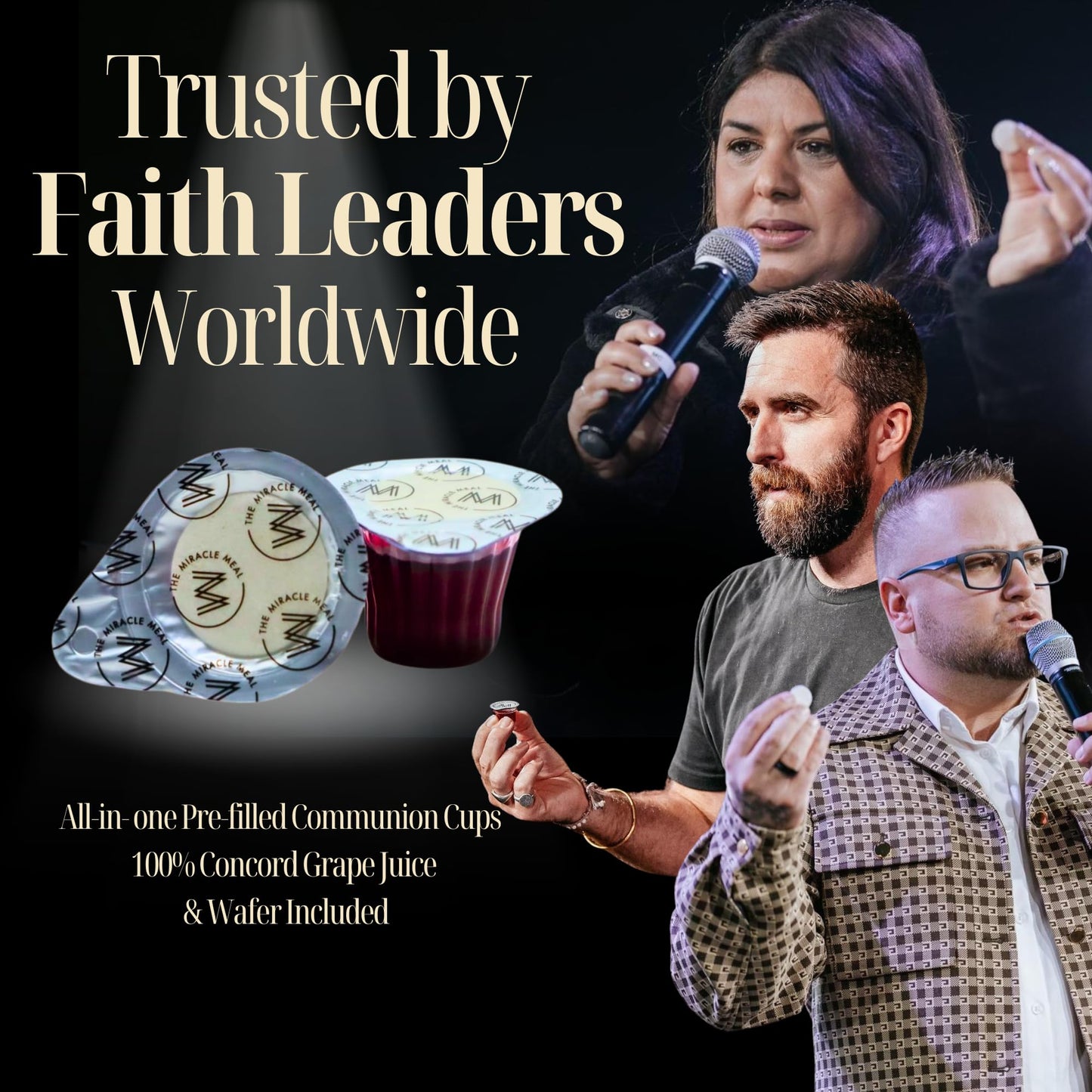 The Miracle Meal Pre-Filled Communion Cups with Larger Tab and Wafer Set - Box of 100 - Made with Concord Grape Juice & Wafer - Made in the USA
