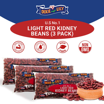 Dixie Lily Light Red Kidney Beans - Dried Beans for Soups, Stews, & Chili, Quick Soak or Slow Cooker, High in Fiber and Non-GMO - 12oz, 3 Pack