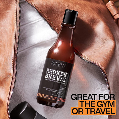 Redken Brews 3-In-1 Men's Shampoo, Conditioner and Body Wash - Multi-Purpose Hair & Body Cleanser For Men - Moisturizes & Hydrates, All-In-One Soap