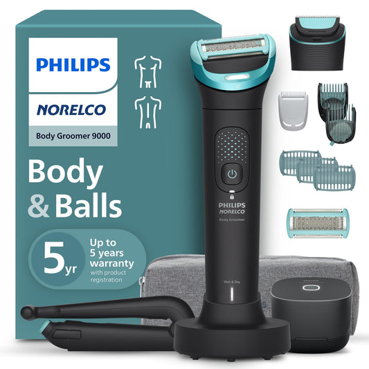 Philips Norelco Body Groomer 9000 Series, Intimate Trimmer for Bi-directional Use & Waterproof Wet Dry Body Shaver System with Foldable Back Attachment & UV Cube Cleaner, BG9485/50