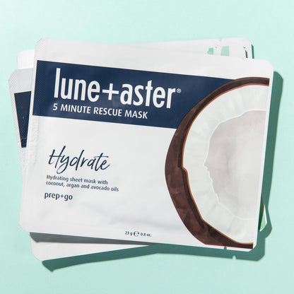 Lune+Aster 5 Minute Rescue Mask - Hydrate | Deeply Hydrating Sheet Mask with Hyaluronic Acid, Coconut, Argan and Avocado Oils. Made in Korea.