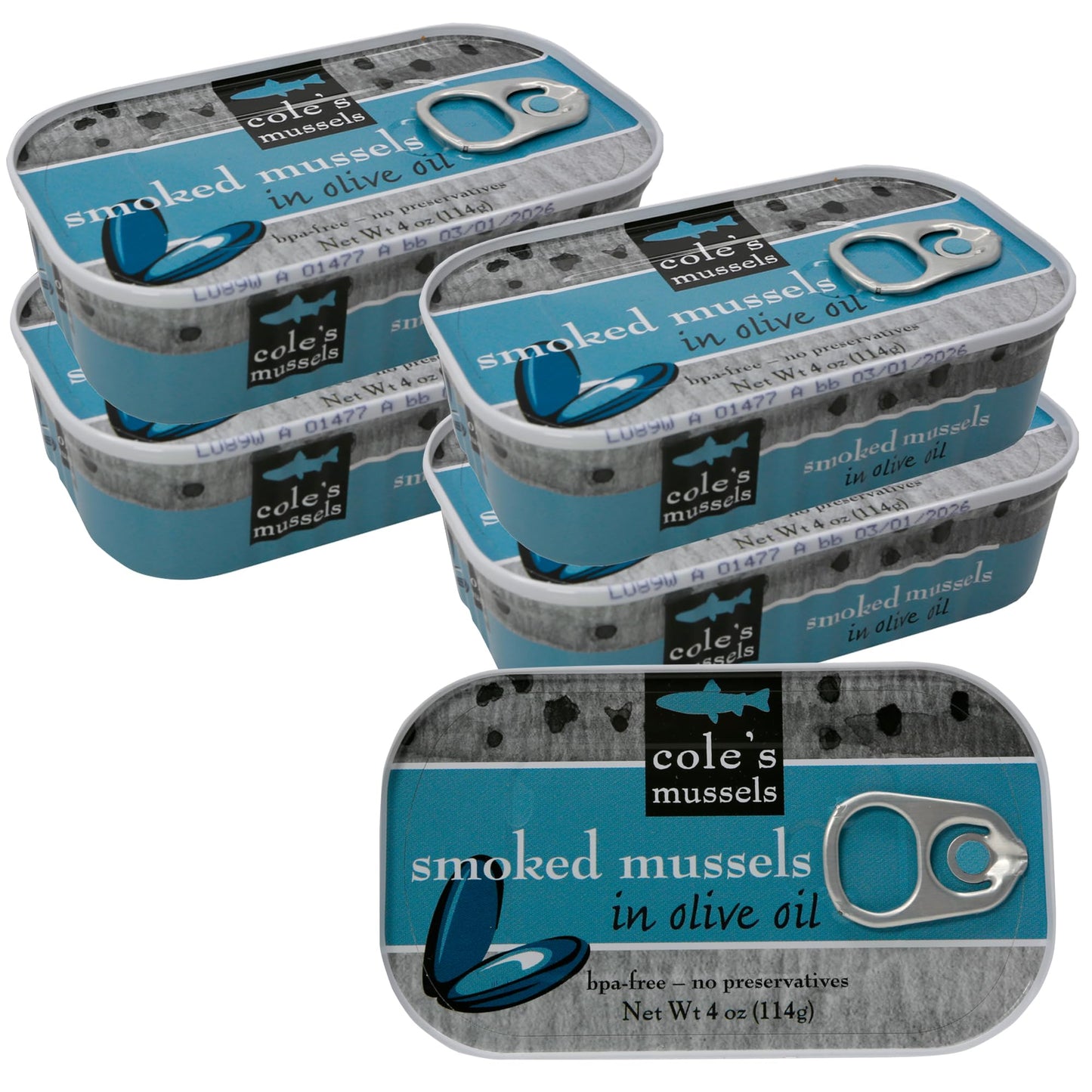 Cole’s Patagonian Smoked Mussels Canned in Extra Virgin Olive Oil | 4oz Hand-Packed Tinned Mussels | 14g Protein | Pack of 5