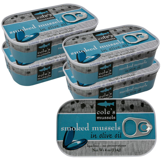 Cole’s Patagonian Smoked Mussels Canned in Extra Virgin Olive Oil | 4oz Hand-Packed Tinned Mussels | 14g Protein | Pack of 5