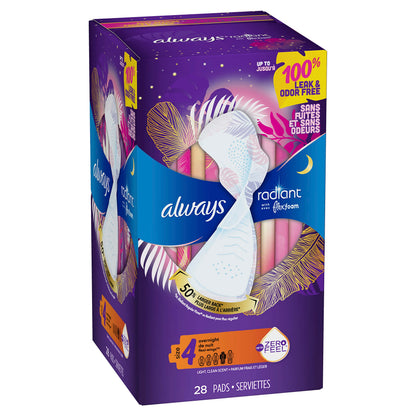 Always Radiant Feminine Pads for Women, Flexfoam Pads with Wings, Size 4, Overnight Absorbency, Lightly Scented, 28 Count