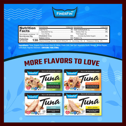 FinerFin Yellowfin Tuna Fillets in Organic Olive Oil | Spicy Chili Flavor | Premium Canned Tuna Fish with EVOO | Gourmet Ready-to-Eat Pole & Line Caught Fillets | 4.4oz can - 12 Pack