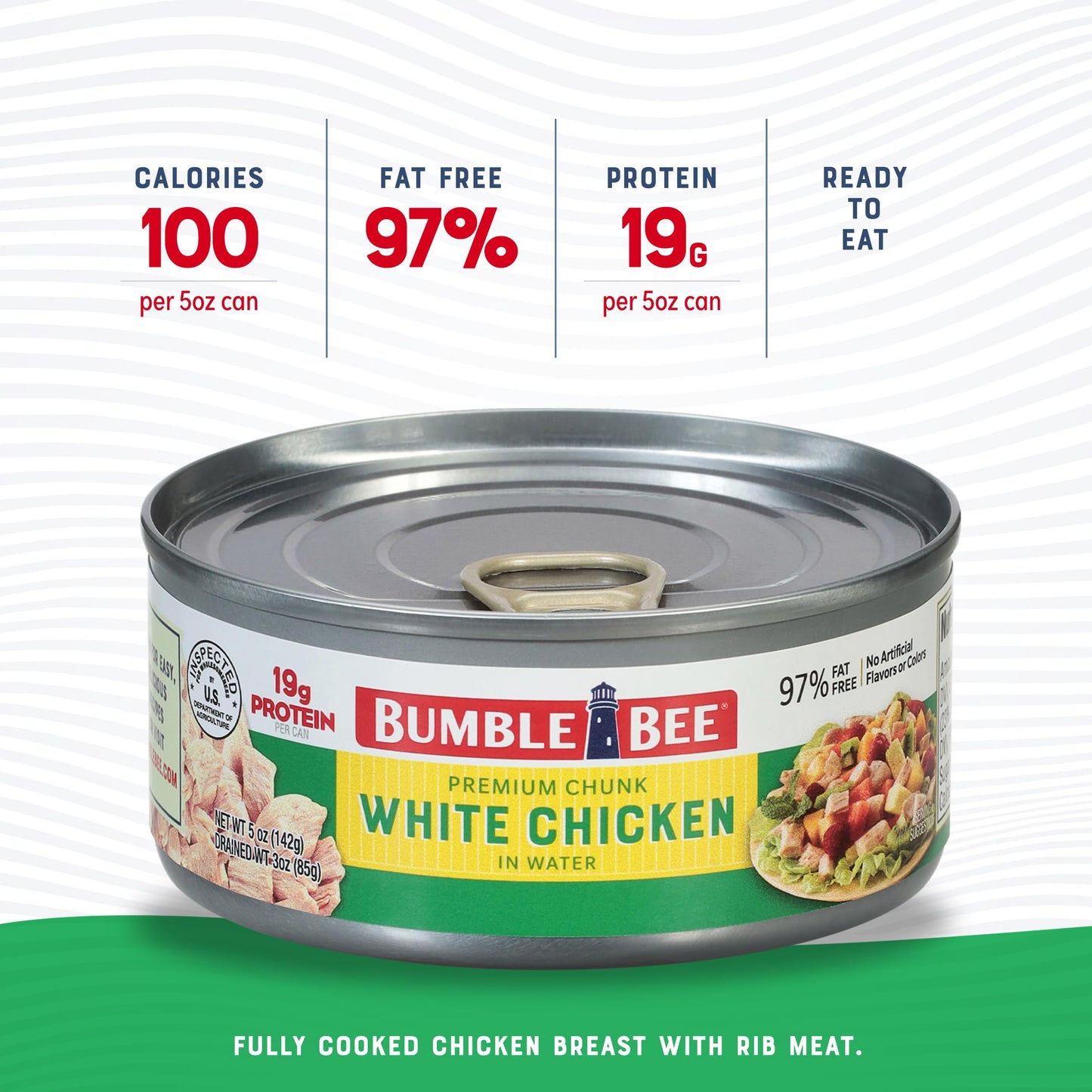 Bumble Bee Premium White Chicken Breast with Rib Meat in Water - 19g Protein per Serving - Gluten Free, Keto Friendly Canned Chicken - 5 oz (Pack of 1)