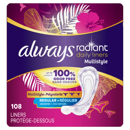 Always Radiant Daily Multistyle Liners Regular Absorbency Unscented, Up to 100% Odor-Free, 108 Count