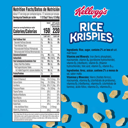 Kellogg's Rice Krispies Cold Breakfast Cereal, 8 Vitamins and Minerals, Rice Krispies Treats, Giant Size, Original, 24oz Box (1 Box)