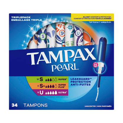 Tampax Pearl Tampons Trio Pack, Super/Super Plus/Ultra Absorbency with BPA-Free Plastic Applicator and LeakGuard Braid, Unscented, 34 Count