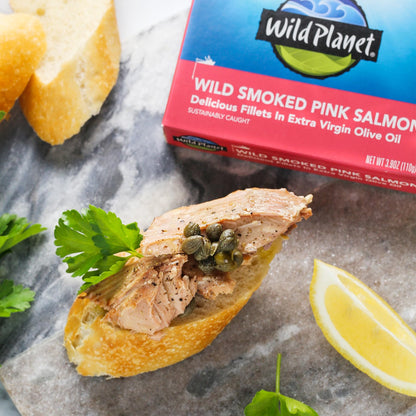 Wild Planet Wild Smoked Pink Salmon Fillets in Extra Virgin Olive Oil, Tinned Fish, Canned Salmon, Sustainably Wild-Caught, Non-GMO, Keto and Paleo, 3.9 oz, pack of 12