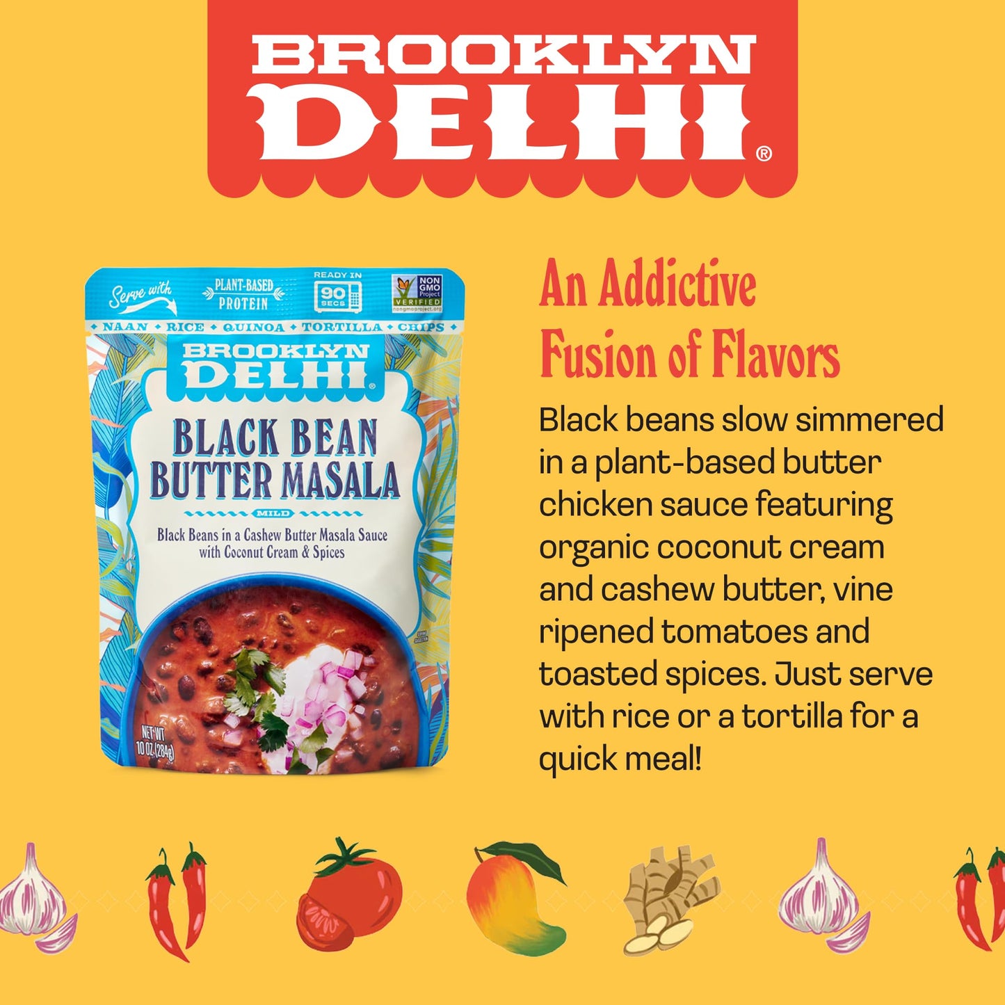 Brooklyn Delhi Black Bean Butter Masala Pouches - Ready to Eat, Microwavable Entree - Vegan, Gluten Free, Non-GMO - (10 Ounce, Pack of 1)