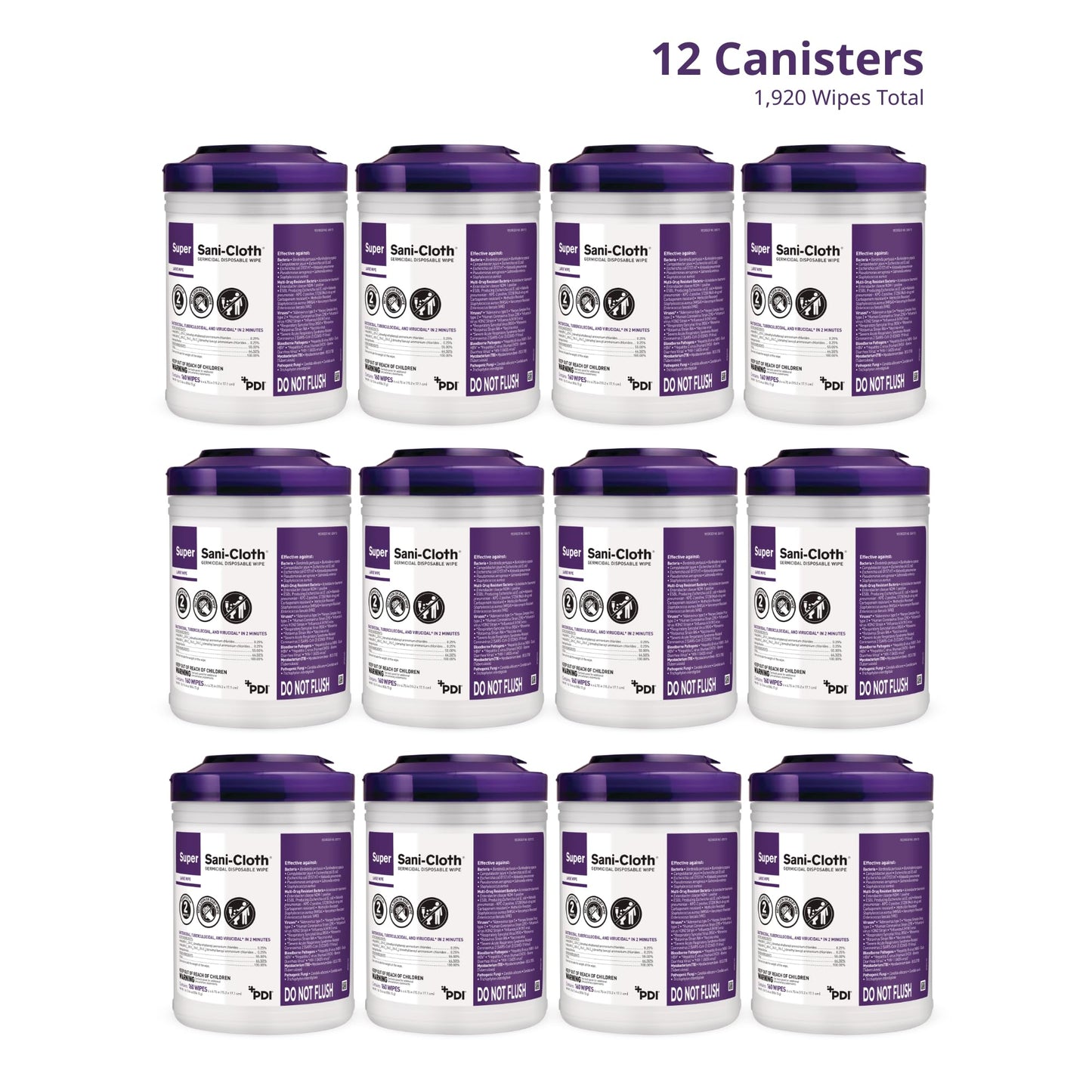 Super Sani-Cloth Germicidal Disposable Wipe, Hospital Grade Disinfection, 160 Large 6" x 6.75" Wipes Each, Case of 12 Canisters