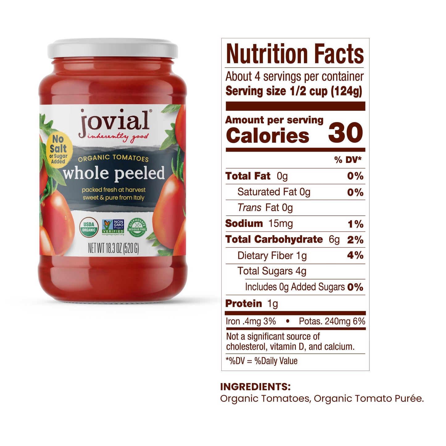 Jovial Whole Peeled Tomatoes - Organic Tomatoes, Non-Gmo, Usda Certified Organic, No Additives, Bpa-Free, No Added Sugar, No Salt Added, Recyclable Glass, Made In Italy - 18.3 Oz, 6 Pack