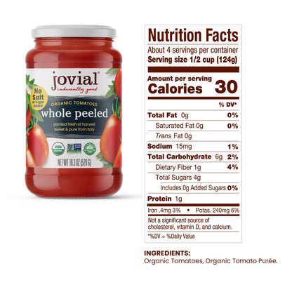 Jovial Whole Peeled Tomatoes - Organic Tomatoes, Non-Gmo, Usda Certified Organic, No Additives, Bpa-Free, No Added Sugar, No Salt Added, Recyclable Glass, Made In Italy - 18.3 Oz, 6 Pack