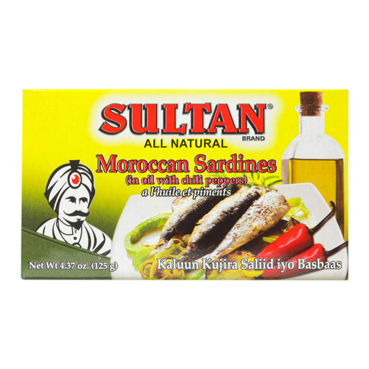 Sultan Moroccan Season Sardines in Oil with Chili Peppers, 100% All-Natural, High Protein, No Additives, No Preservatives, Paleo, Carnivore, Keto Friendly, Zero Carb, 4.37oz