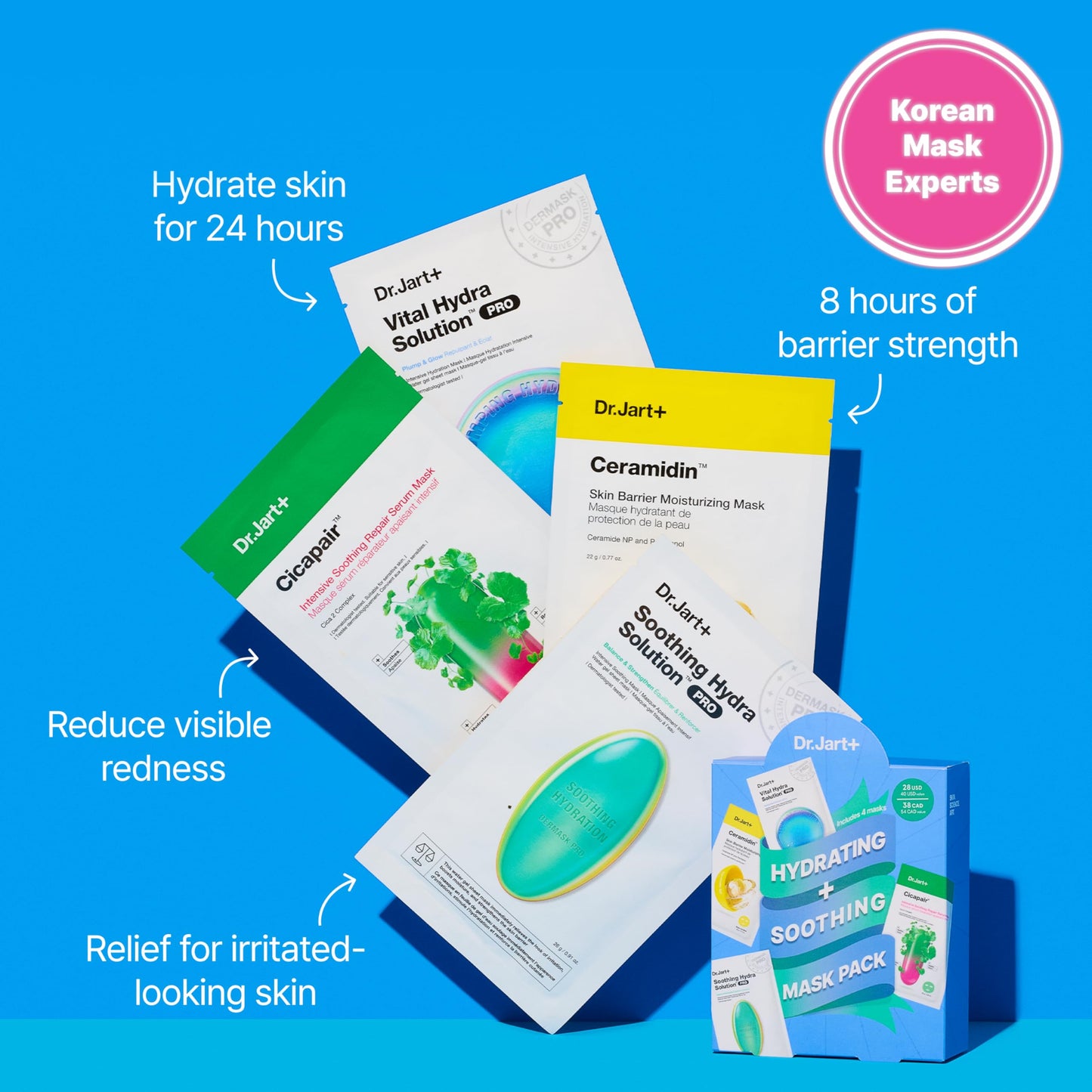 Dr.Jart+ Hydrating and Soothing Face Mask Value Set | 4 Korean Face Masks | Korean Skin Care Set