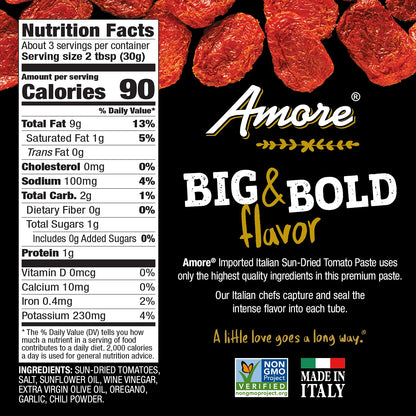 Amore Vegan Sun Dried Tomato Paste In A Tube - Non GMO Certified and Made In Italy 2.8 Ounce (Pack of 12)
