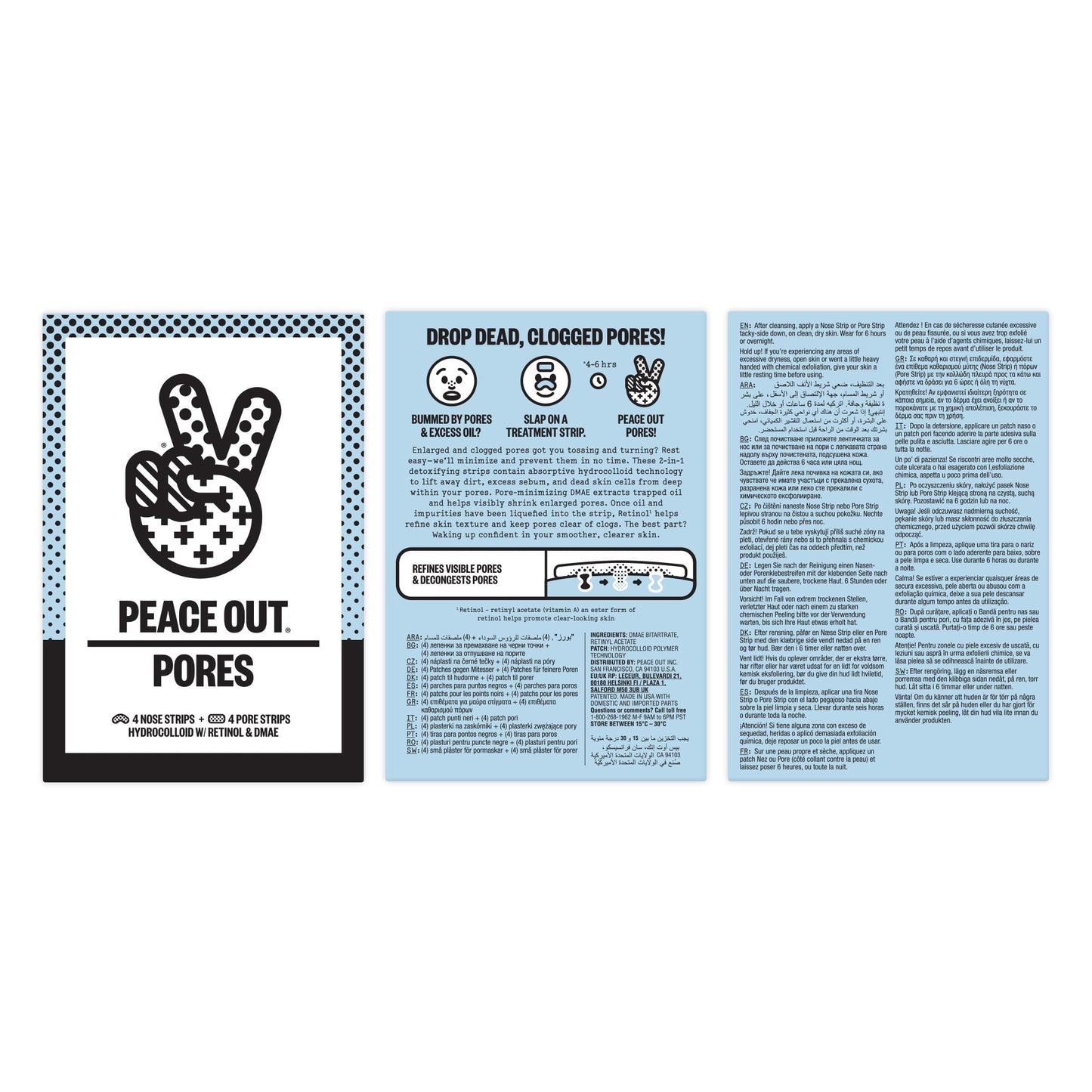 PEACE OUT Pore Strips for Nose and Face, Oil Absorbing Hydrocolloid Blackhead Remover, Pore Minimizing Strips with Retinol, Multi-Use Face Strips for Clogged Pores, 8 Count