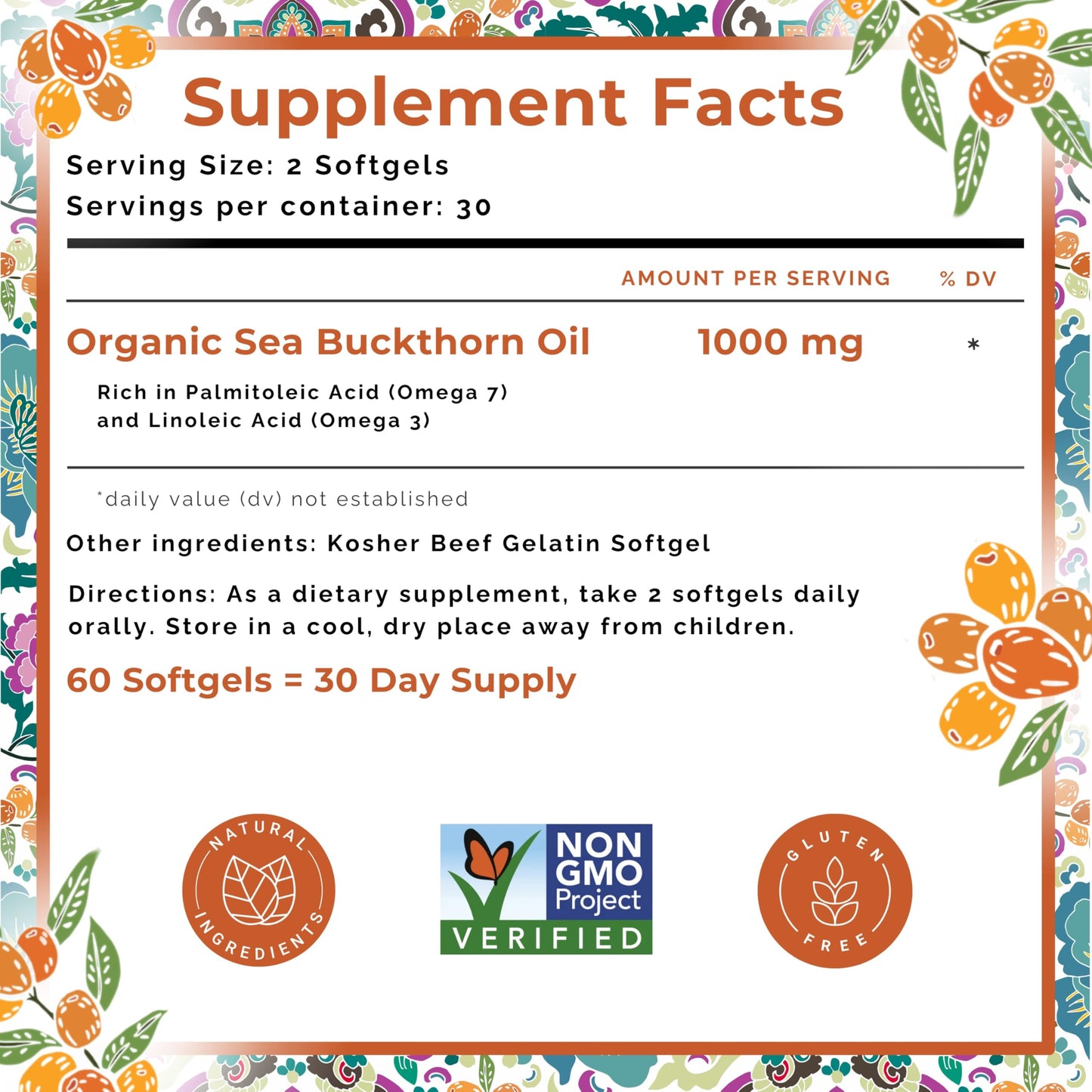 SeabuckWonders Organic Fem-Omega7 Vaginal Moisture Support Softgels, 60 Count, 30 Day Supply, Sea Buckthorn Oil Vaginal Moisturizer, Supports Female Dryness, Feminine Care