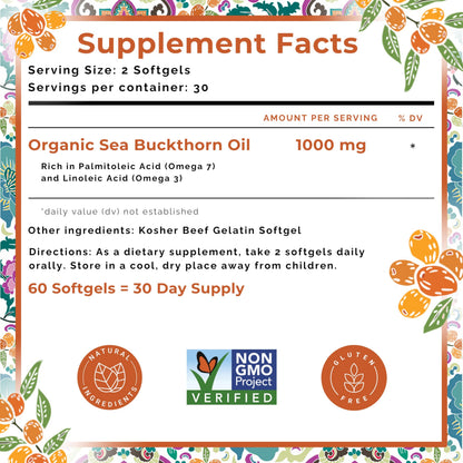 SeabuckWonders Organic Fem-Omega7 Vaginal Moisture Support Softgels, 60 Count, 30 Day Supply, Sea Buckthorn Oil Vaginal Moisturizer, Supports Female Dryness, Feminine Care