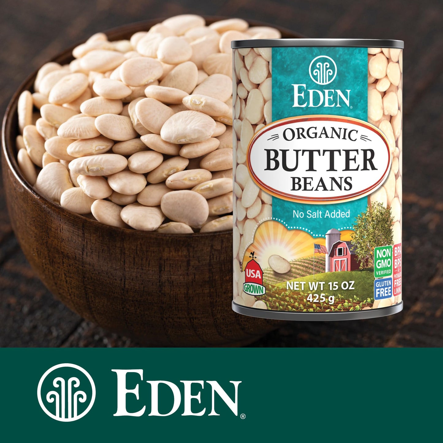 Eden Organic Butter Beans, (Baby Lima Beans), No Salt Added, USA Grown, Non GMO, 15 oz (12-Pack)