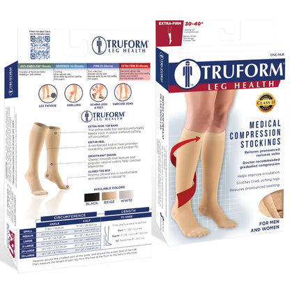 Truform 30-40 mmHg Compression Stockings for Men and Women, Knee High Length, Closed Toe, Black, Large