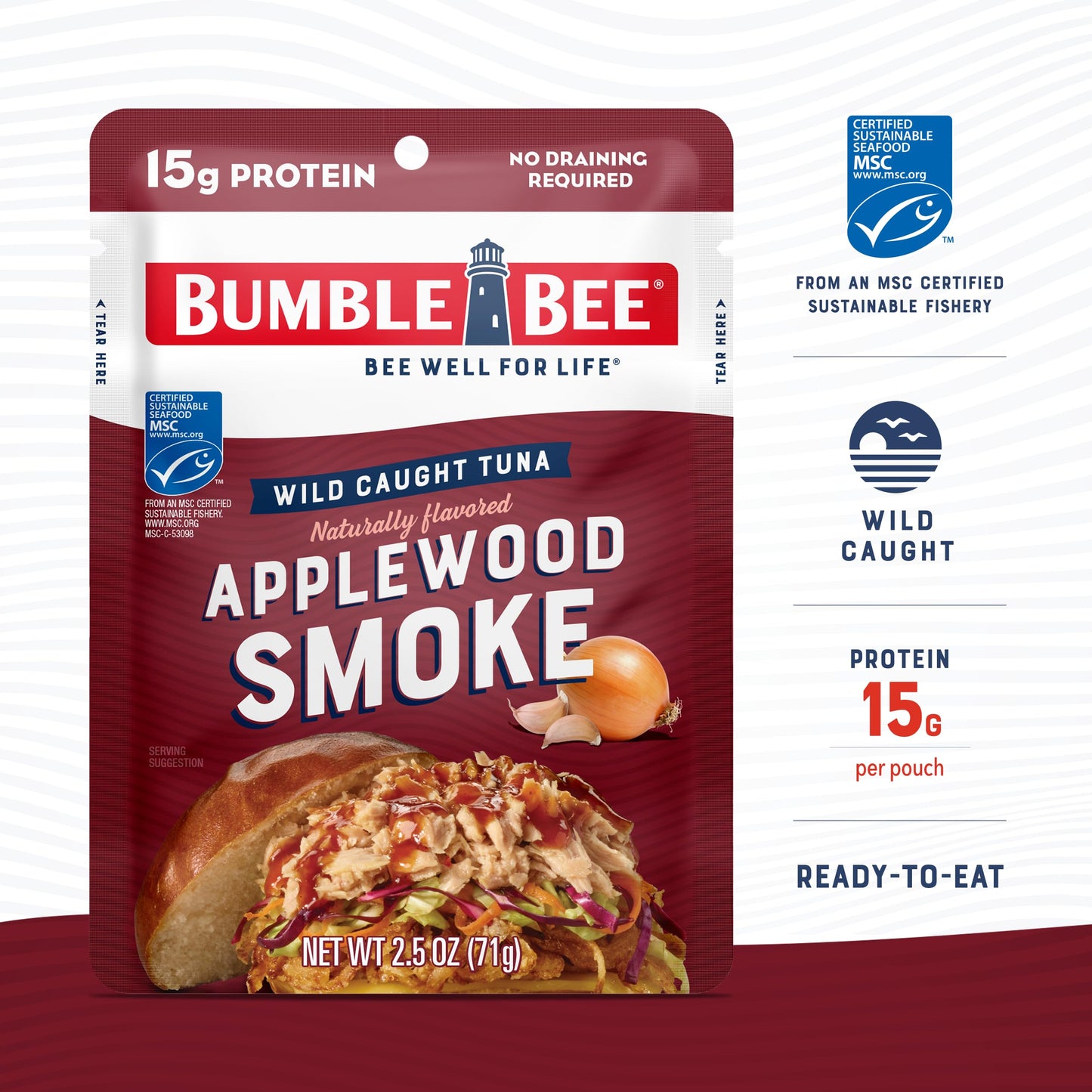Bumble Bee Applewood Smoke Seasoned Tuna, 2.5 oz Pouch - Ready to Eat - Wild Caught Tuna Packet - 15g Protein per Serving - Gluten Free