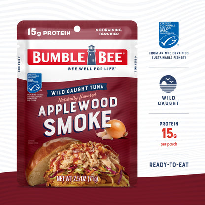 Bumble Bee Applewood Smoke Seasoned Tuna, 2.5 oz Pouch - Ready to Eat - Wild Caught Tuna Packet - 15g Protein per Serving - Gluten Free