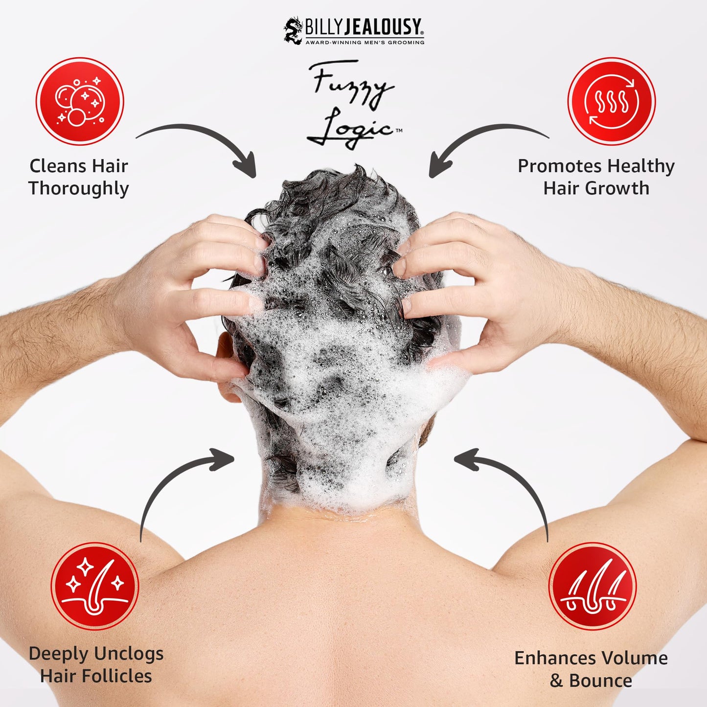 Billy Jealousy Fuzzy Logic Strengthening Mens Shampoo, Adds Volume, Prevents Hair Loss, Promotes Circulation & Healthy Growth, Peppermint Scent