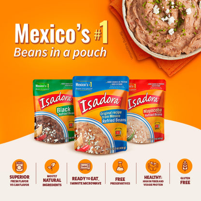 Isadora Black Refried Beans in Pouch (Pack of 14), Delicious Refried Black Beans, Microwave Food Premade Meals, Plant Based Protein,12.3 oz