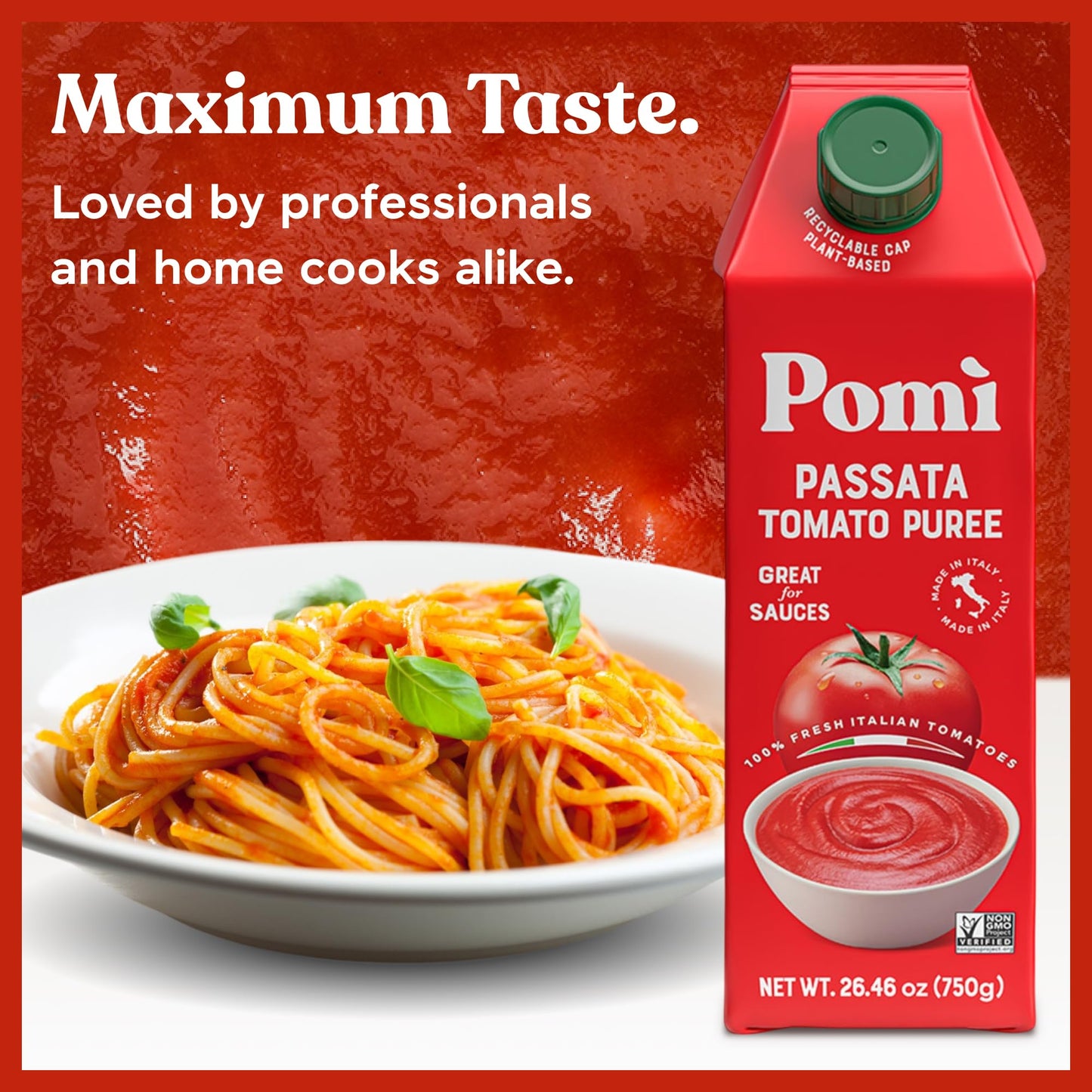 Pomì Tomato Passata 26.46oz (Pack of 6) - Made in Italy - Creamy, Velvety Tomato Puree with Touch of Salt, No Additives or Preservatives - 100% Fresh Italian Tomatoes - BPA-Free, Gluten-Free
