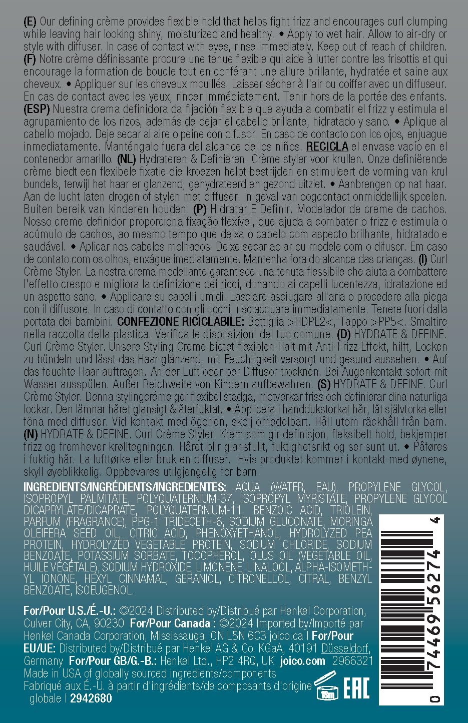 Joico Curls Like Us Hydrate & Define Curl Crème Styler | For Curly Hair | Reduce Frizz & Breakage | Define Textures | Thermal Protection | With Moringa Seed & Algae Oil