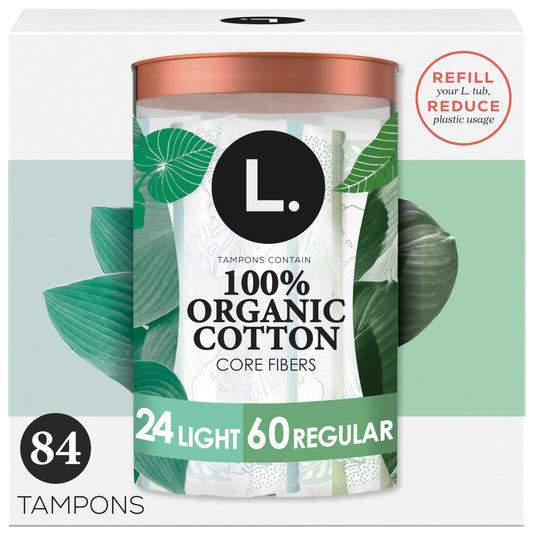 L. Cotton Tampons Light/Regular Absorbency Multipack, Contains an Organic Cotton Core, Made Without Synthetic Pesticides, or Fragrances, 84 Count