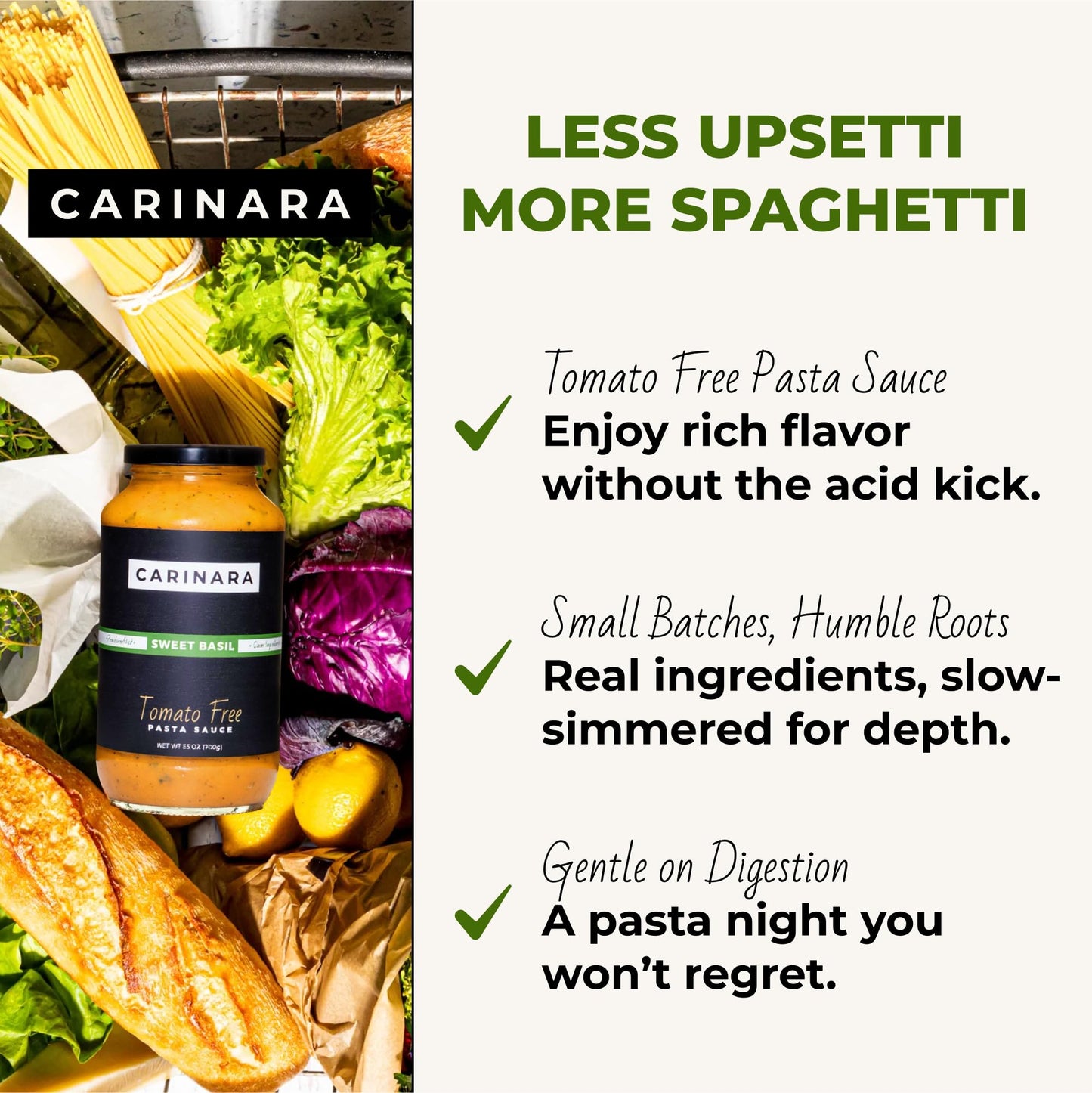 CARINARA Tomato-Free Pasta Sauce – 25oz | Carrot-Based Marinara Alternative with Garlic, Onion & Basil | Vegan, Gluten-Free, Low-Acid, No Sugar, No Tomato Sauce for Pasta, Pizza & Dips (25 Oz (Pack of 1), Sweet Basil)