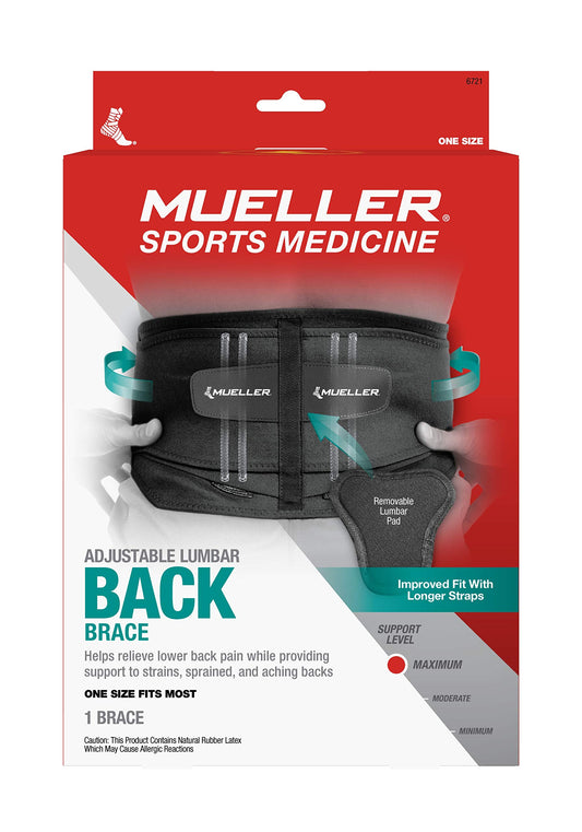 MUELLER Sports Medicine Adjustable Lumbar Back Brace, Lower Back Pain Relief and Support Belt for Men and Women, Black, One Size Fits Most