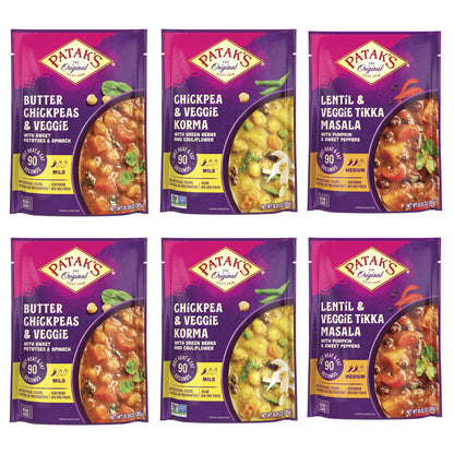 Patak's Ready-to-Eat Meals Variety Pack, Butter Chickpeas, Veggies, Chickpea, Veggie Korma, Lentil, Tikka Masala, Microwave for Quick Dinners, Lunch, Serve with Rice, Naan, 10.5 oz, 6-Pack