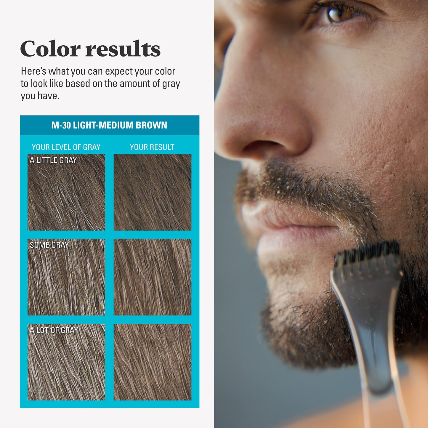 Just For Men Mustache & Beard, Beard Coloring for Gray Hair with Brush, with Keratin Biotin Aloe and Coconut Oil for Healthy Facial Hair - Light-Medium Brown, M-30, Pack of 1 (Packaging May Vary)