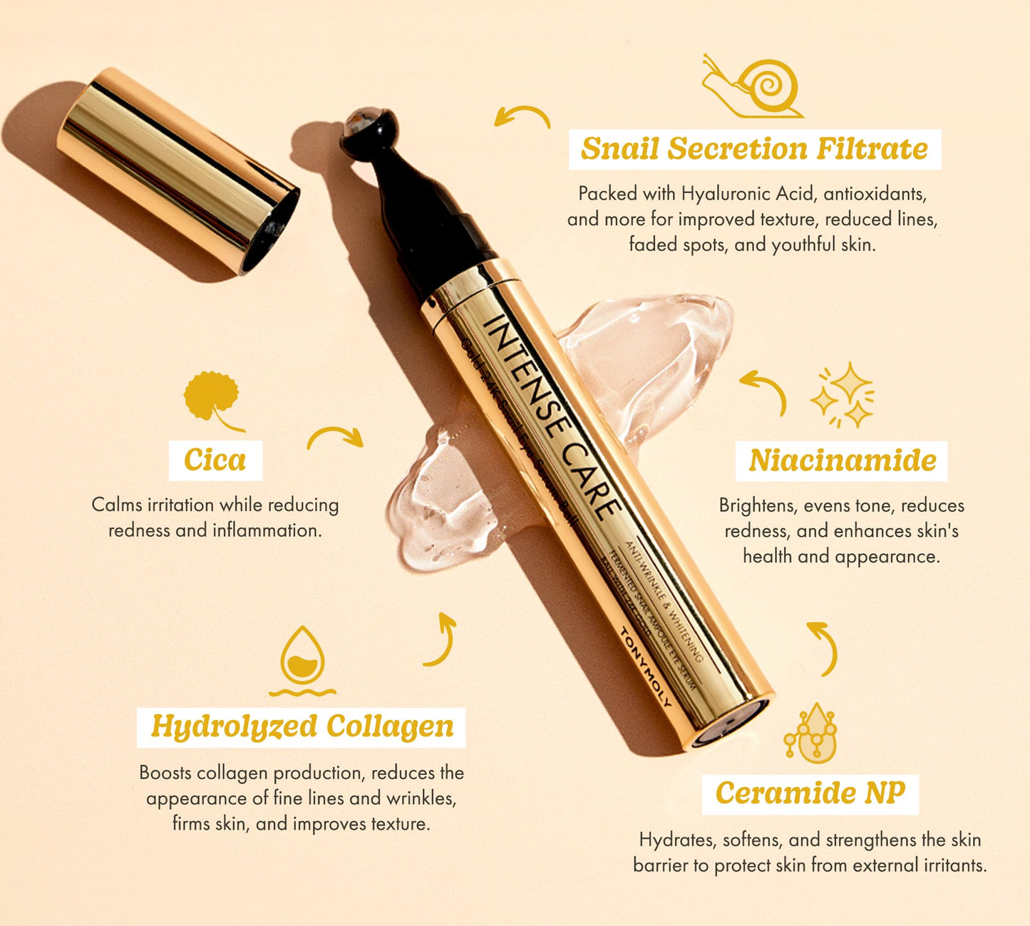 TONYMOLY Intense Care 24K Gold Snail Eye Serum 20ml – Anti-Aging Eye Treatment with Snail Mucin, Hyaluronic Acid & Peptides for Dark Circles, Puffiness, Fine Lines & Firming – 360° Roller Applicator