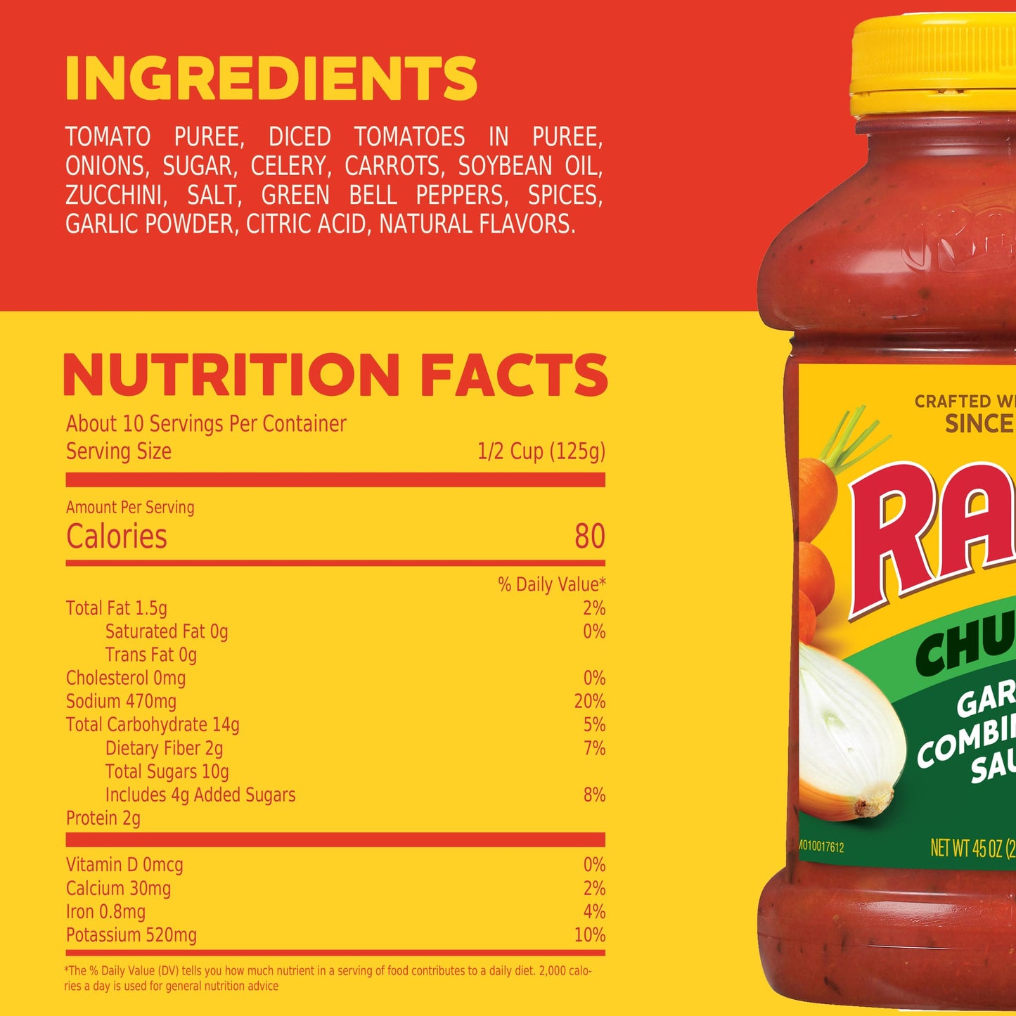 Ragu Chunky Garden Combination Pasta Sauce with Diced Tomatoes, Onions, Celery, Carrots, Zucchini, Green Bell Peppers, and Italian Herbs and Spices, 45 OZ