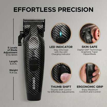 Cocco Hyper Veloce Pro Clipper, Digital Gap Ambassador Graphene Taper Blade Professional Hair Clippers, High-Torque BLDC Motor, All-Metal, Cordless, Charging Station Included (Carbon Fiber)