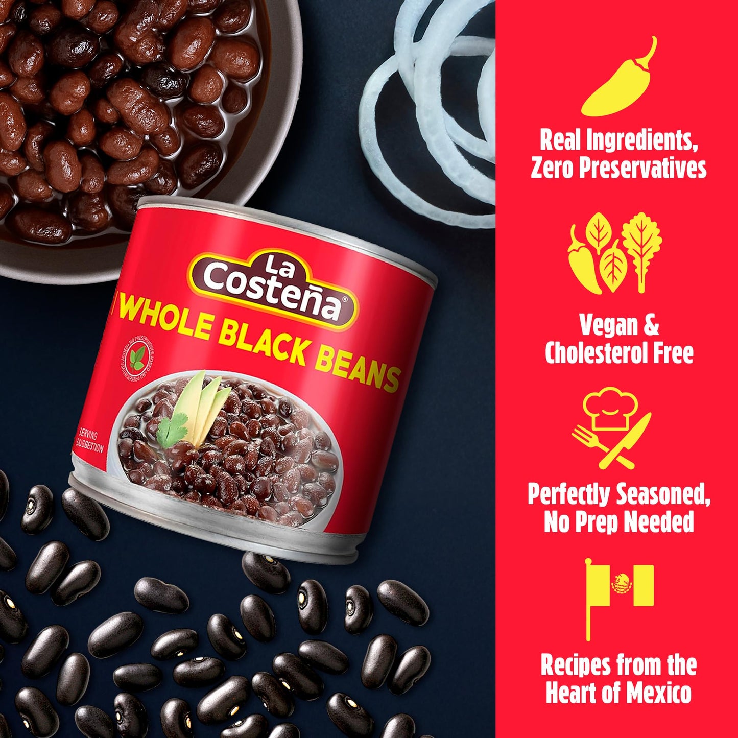 La Costeña Whole Black Beans - Ready-to-Eat Canned Black Beans for Mexican Food, Vegetarian Chili Ingredients, Frijoles Negros, Hummus, Dips, Burgers & Burritos - 14.1 oz, 12 Pack Bulk Canned Food