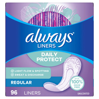 Always Panty Liners for Women Daily Protect Liners, Regular Length,96 Count